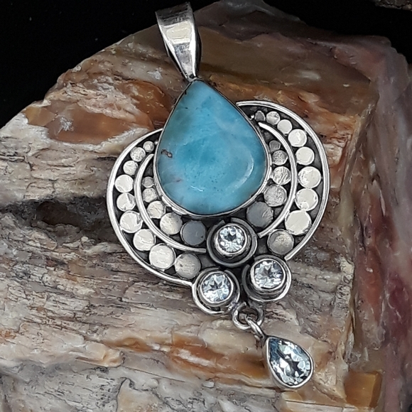 Sterling Silver Natural Larimar and Blue Quartz - Picture 4 of 10
